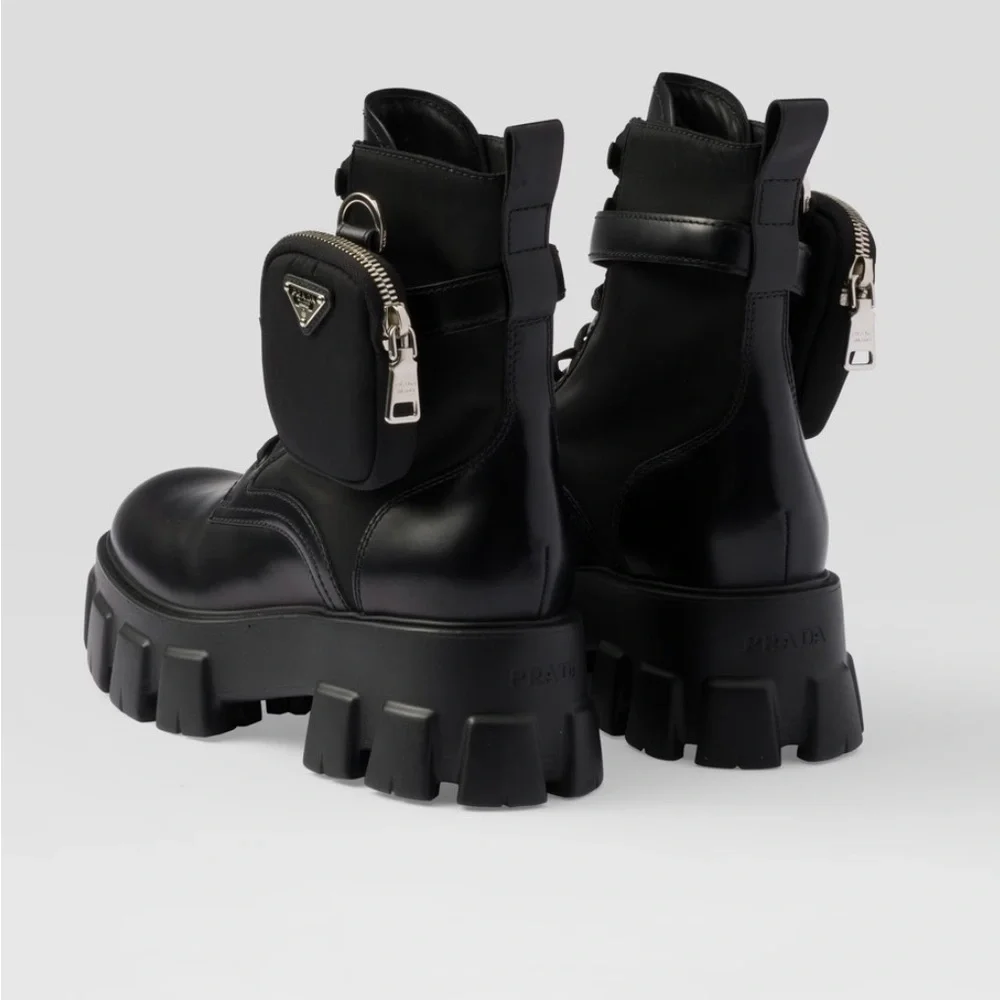 Prada Black Leather Lug-Sole Combat Boots with Detachable Mini Pouch - Picture 3 of 16